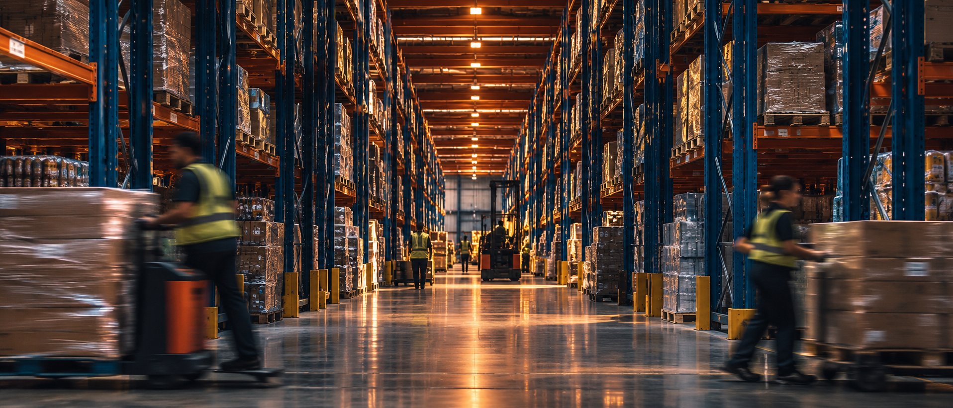 Warehouse team moving retail goods through a fulfillment aisle